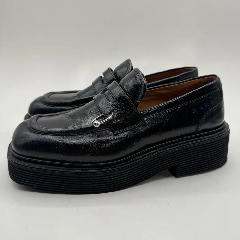 Marni O-Ring Penny Loafers Platform Black Shiny Leather Sz EU Sz 39.5 Italy